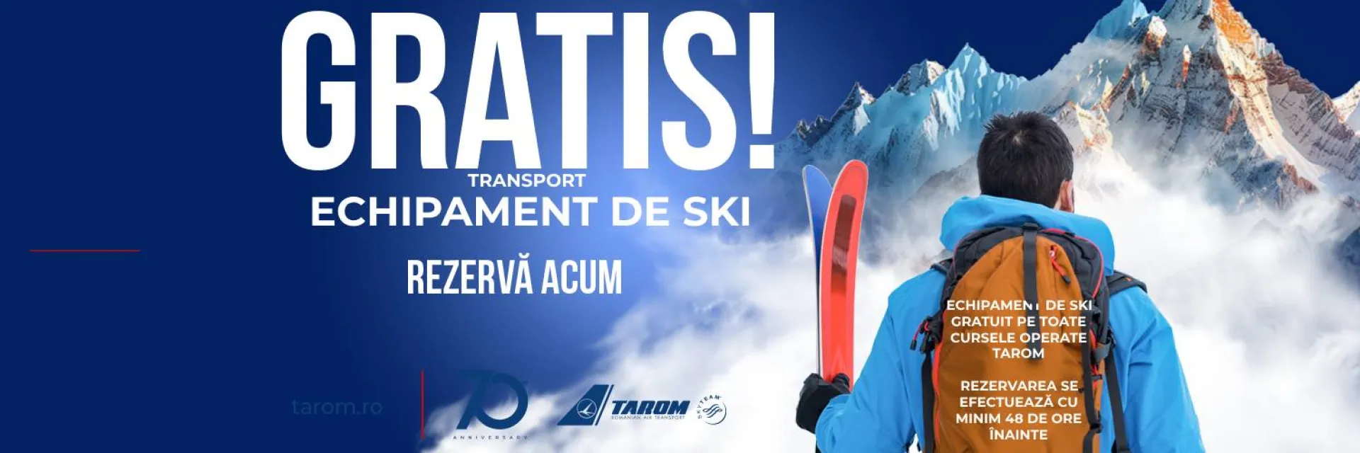TAROM oferă transportul gratuit al echipamentului de ski