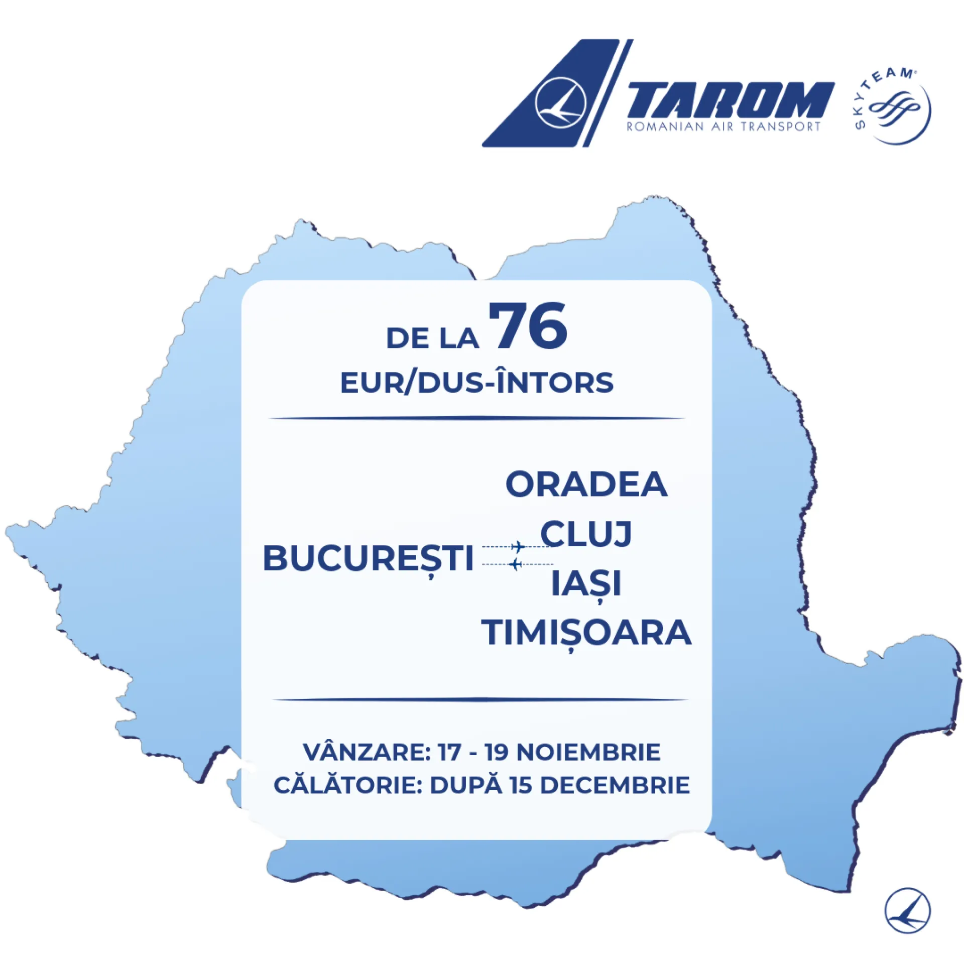 TAROM lansează tarife speciale pentru zborurile interne în perioada 17-19 Noiembrie